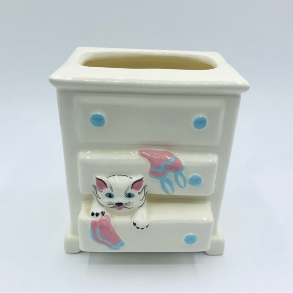 Vintage Style Cat in Dresser Ceramic Planter Cute Kitten Pencil / Brush Holder